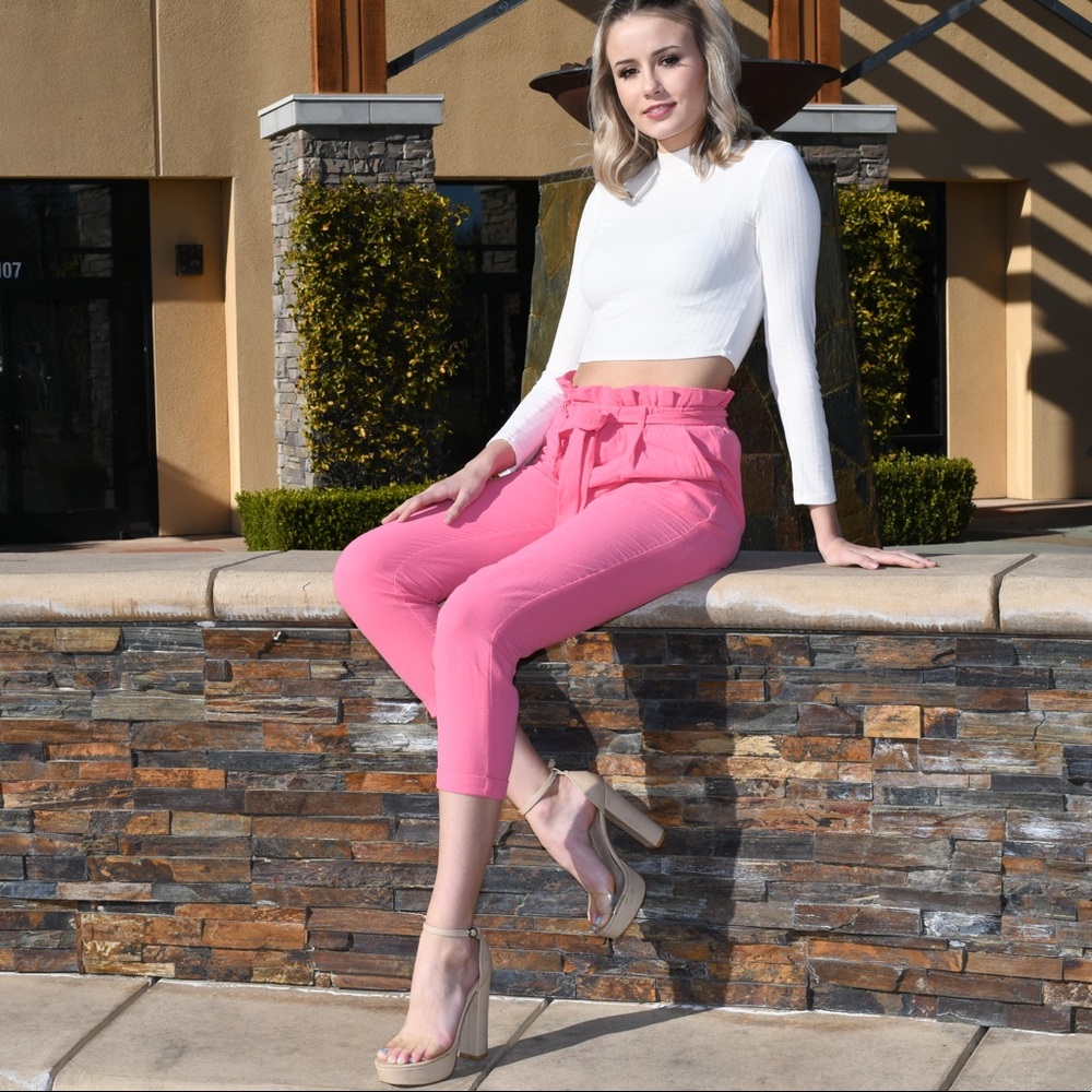 Last ☝️Pink Work Pants W PaperBag Waist Trouser - Picture 4 of 7